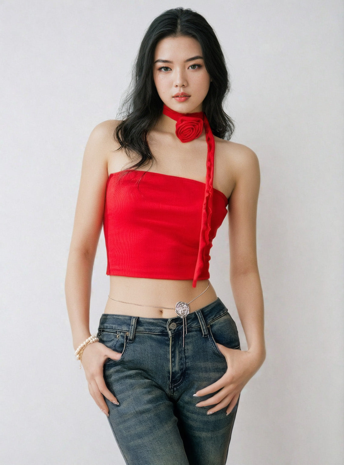 One-Shoulder Ruffled Crop Top with Rose Neck Detail