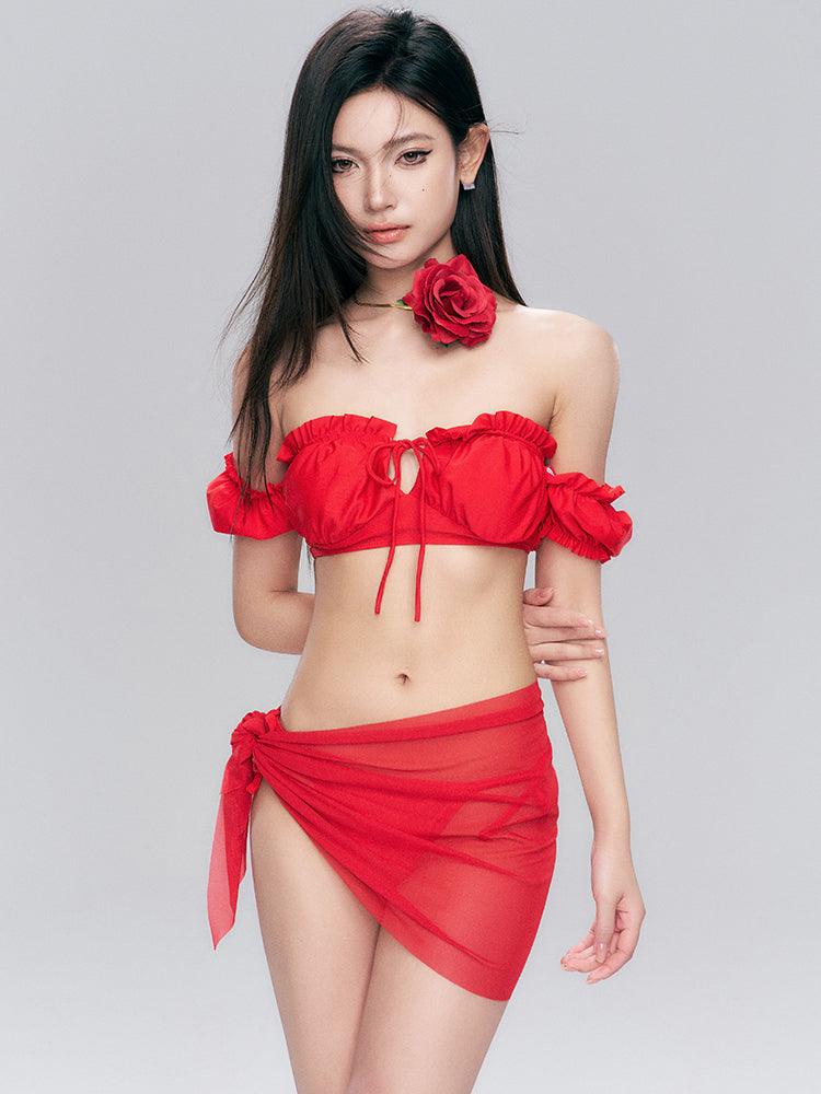 Ruffled Off-Shoulder Bikini Set with Sheer Sarong Wrap